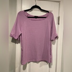 Talbots Size L Purple Pink White Contrast Stripe Short Roll Sleeve Tee Shirt
